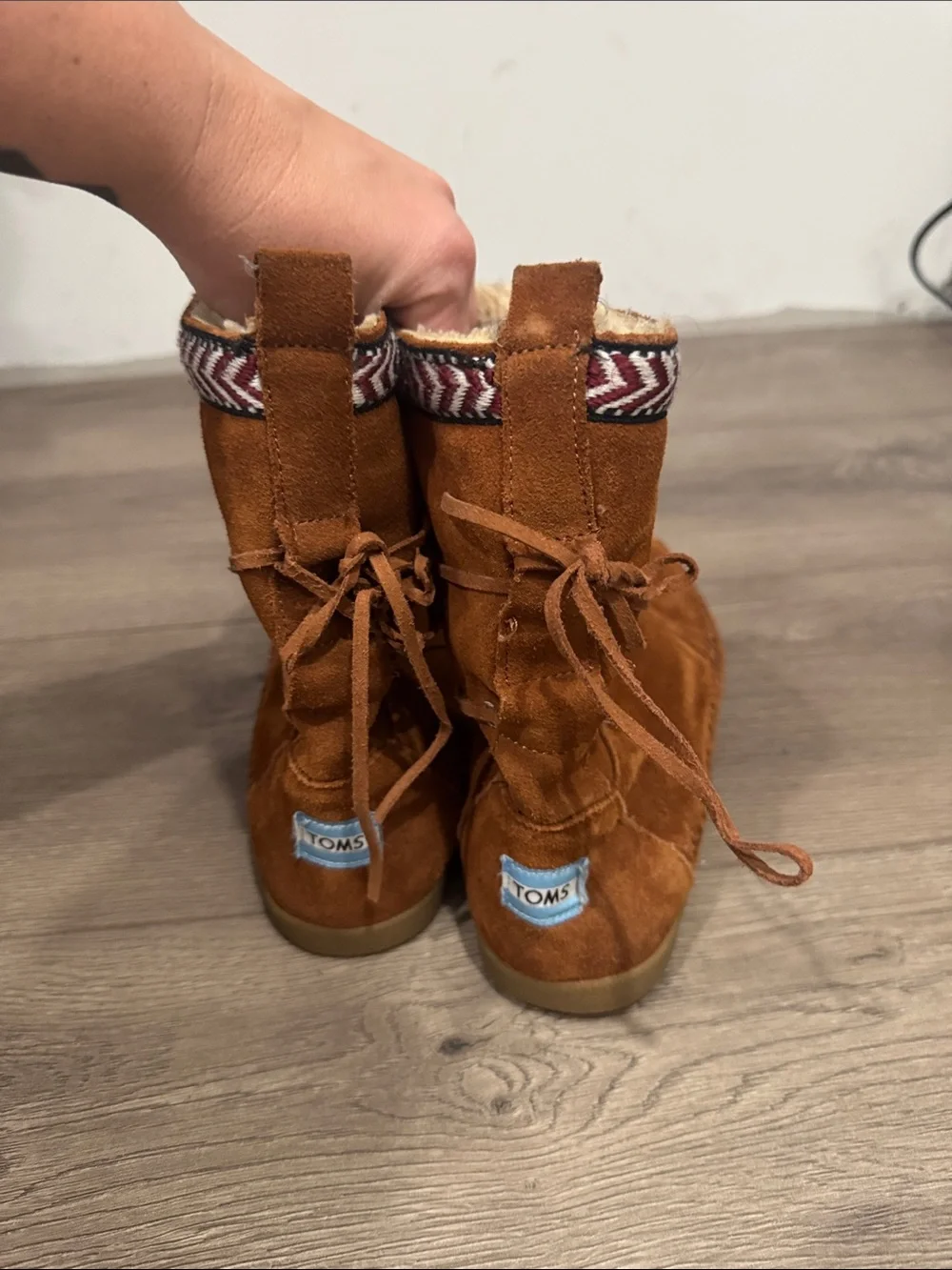 Toms Suede Moccasin Boot in Chestnut Brown with Patterned Trim